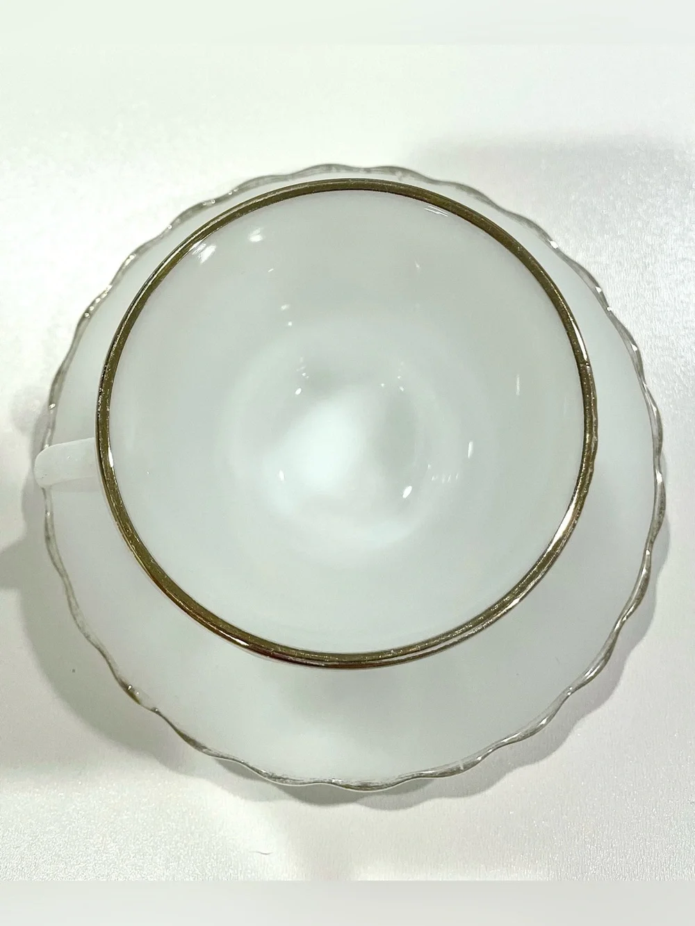 ☀️2/$20 Fire King Vintage Milk Glass Coffee Cup & Ridged Saucer | Silver Trim